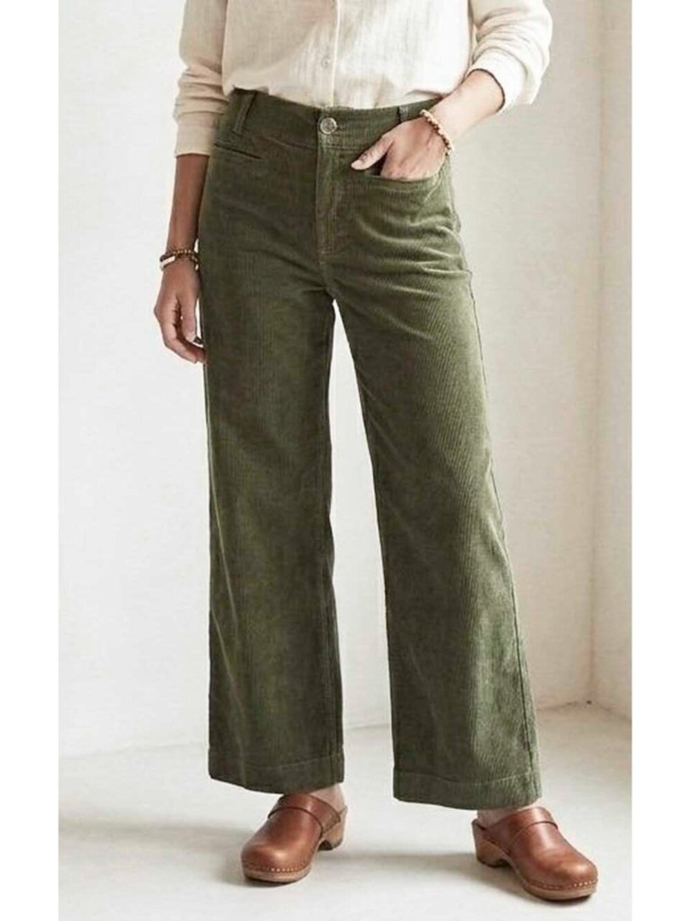 Anthropologie Maeve Women's The Colette Green Corduroy Crop Wide-Leg Pants 27